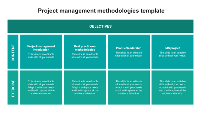 Template showing a matrix of project management topics with categories on the left and objectives along the top.