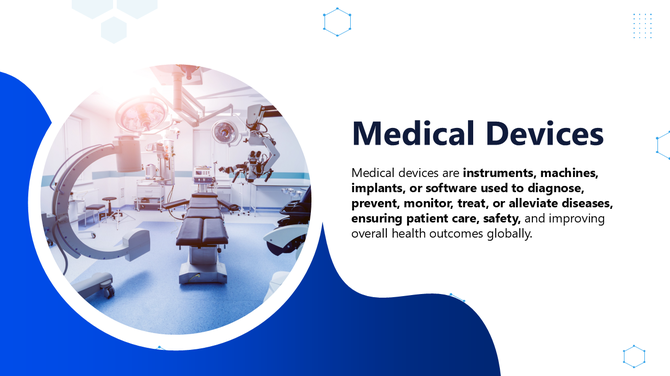 Slide showcasing medical devices with tools and equipment in a clinical setting, highlighting professionalism with captions.