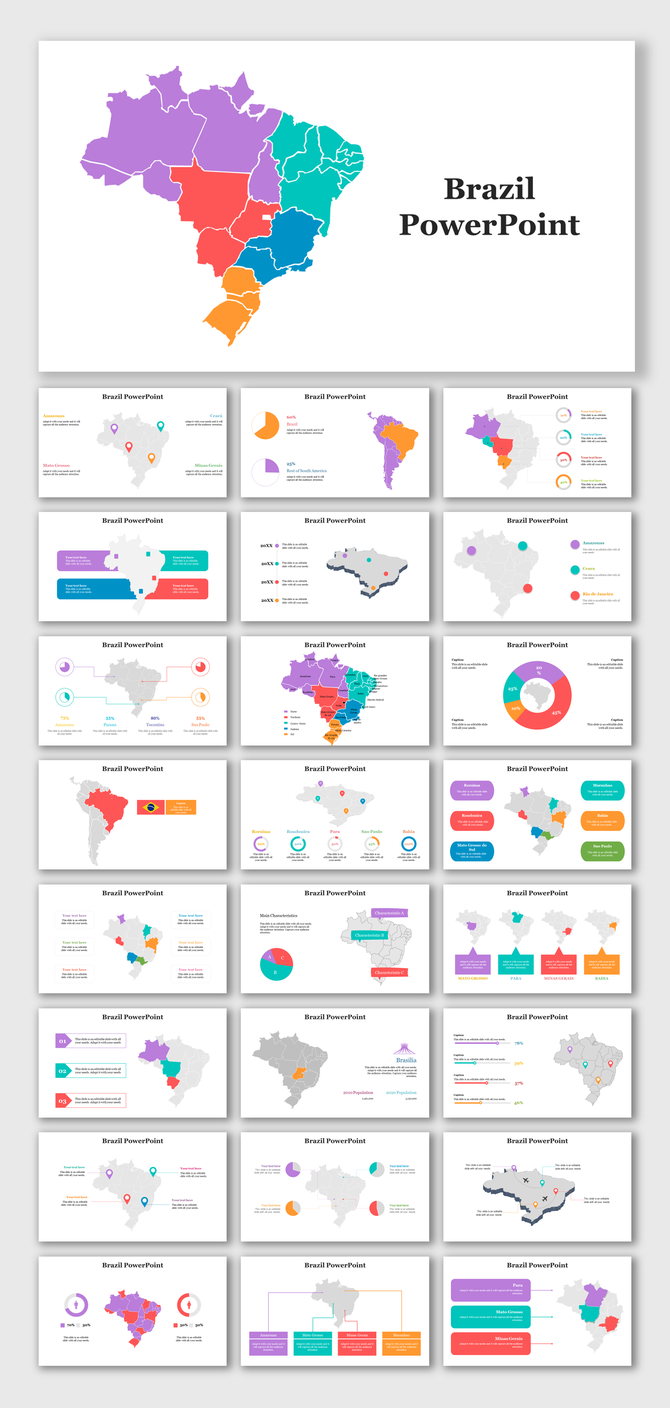 A pack of brazil slides showcasing colorful maps and charts, covering key statistics and regions of Brazil.