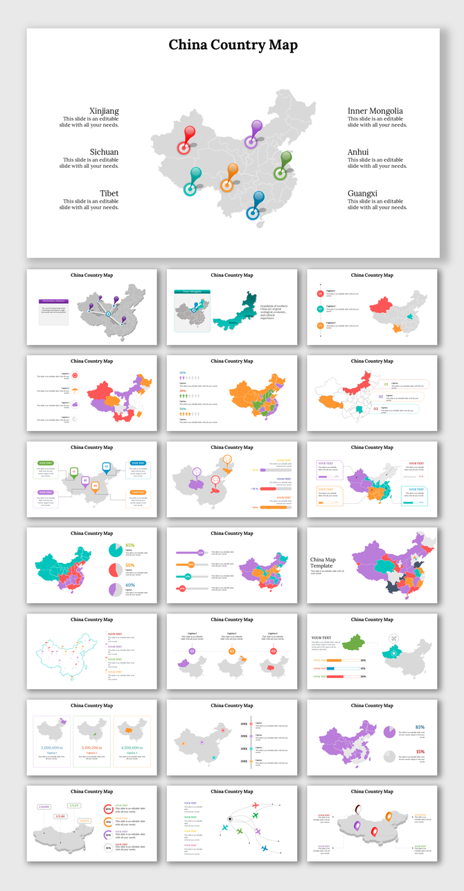 Set of slides showcasing maps of china with highlighted regions and data points with text descriptions.