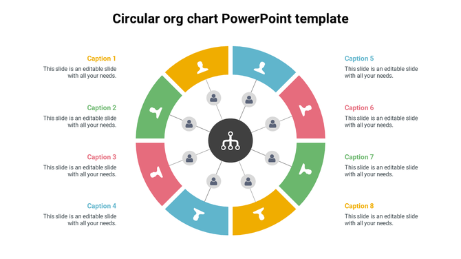 Colorful circular organizational chart slide showing a central hub connected to eight divisions with captions.