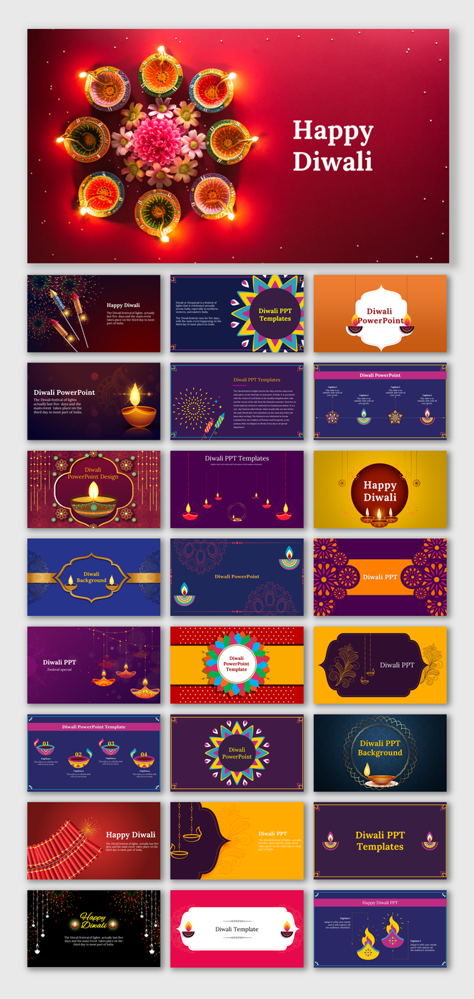 A set of vibrant Diwali PowerPoint slides with colorful patterns and festive symbols like Diyas, fireworks, and rangolis.
