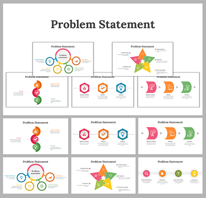 Problem statement slide deck featuring diverse infographic designs, such as circular and star layouts with icons and arrows.