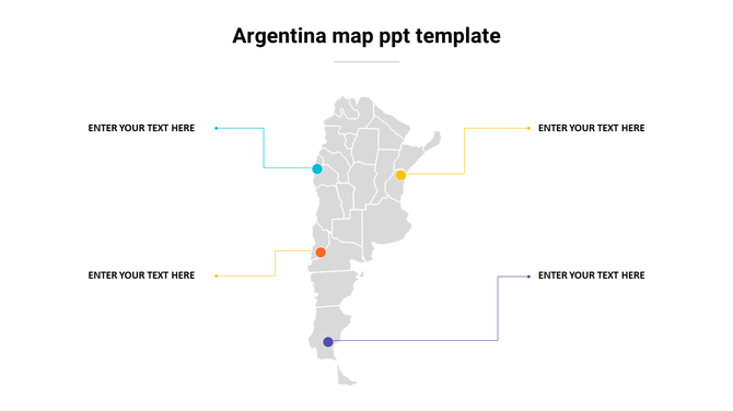 Gray map of Argentina with four colorful markers linked to text boxes adding information.