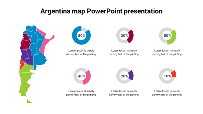 Argentina map slide with regions highlighted in different colors and six pie charts showing varying data percentages.
