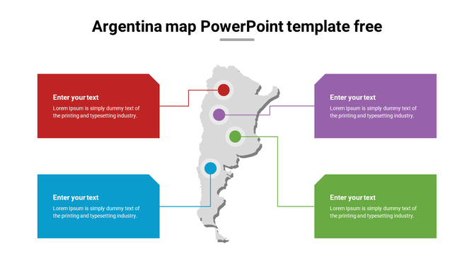 Argentina map with colored markers and labels in red, purple, green, and blue boxes for text, connected by lines.