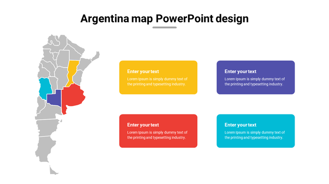 Argentina map with five provinces highlighted in red, yellow, blue, purple, and teal, each linked to text boxes.