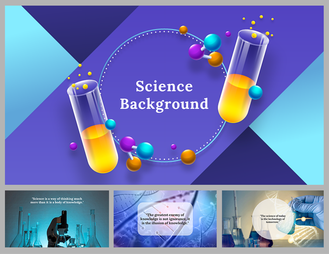Science themed slide deck with vibrant test tubes, molecules, and lab equipment in colorful, modern design.