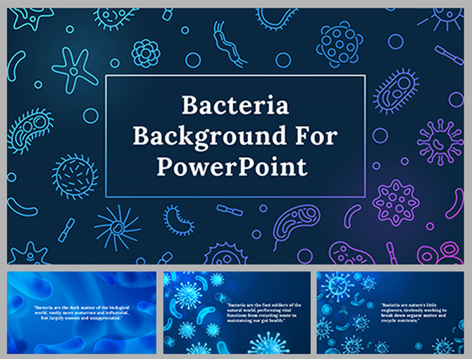 Bacteria background slides with blue and purple tones, showcasing microscopic bacterial designs for scientific presentations.