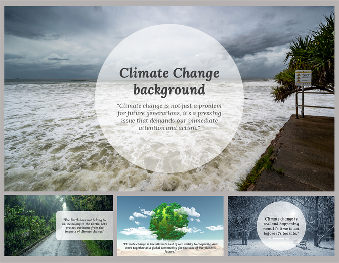 Climate change slide pack with central white circle with text and images of stormy skies, sea levels, snow, and foliage.