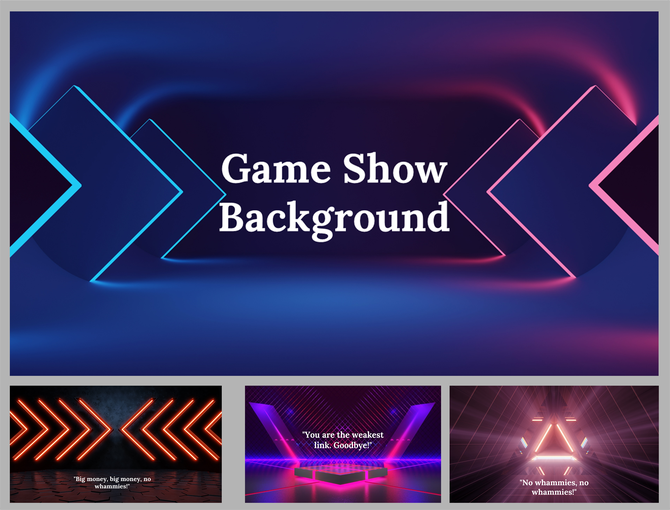 Dynamic game show slides featuring bold colors and futuristic design elements with neon effects with text area.