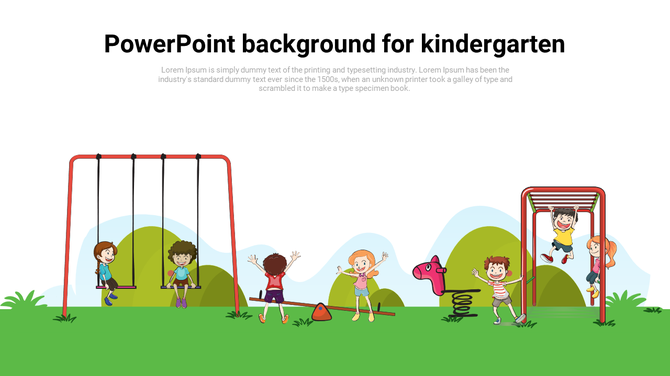 Illustration of children in a playground scene with swings, a slide, and a seesaw on green grass.