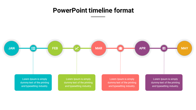 Timeline featuring round markers in teal, green, red, purple, and yellow, connected by dotted lines with text box beneath.