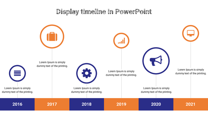 Horizontal timeline from 2016 to 2021 with blue and orange icons representing milestones and brief text beneath each.