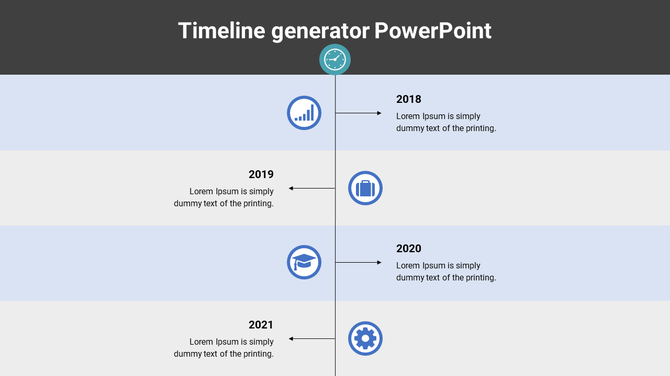 PowerPoint timeline generator with years 2018 to 2021 and corresponding blue icons for each year with placeholder text.