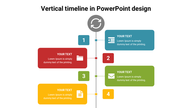 Vertical timeline with four colorful steps, alternating left and right, each containing icons and placeholder text.
