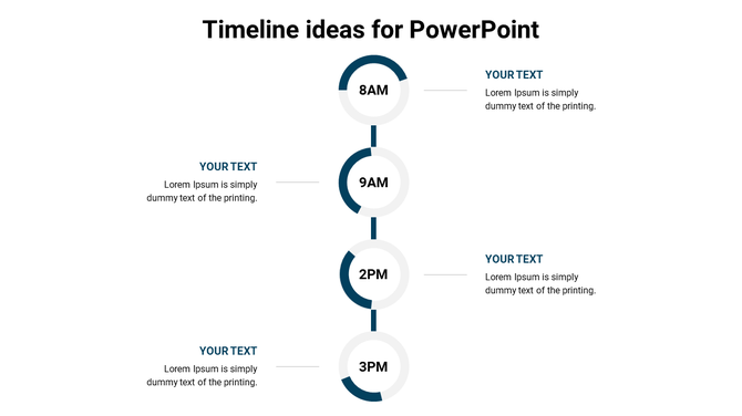 Timeline PowerPoint slide showing events scheduled throughout the day with designated time slots with placeholder text.