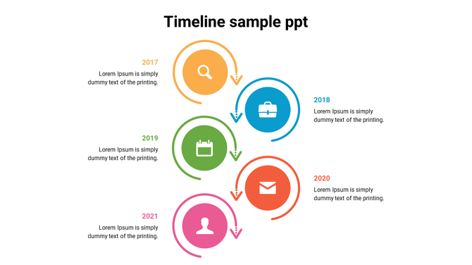 Spiral timeline infographic with five colorful circular icons from 2017 to 2021, each paired with text placeholders.