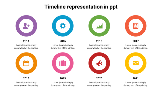 Timeline design PowerPoint slide with year markers from 2014 to 2021 and corresponding color coded icons for each year.
