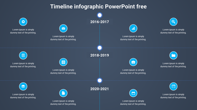 Dark blue infographic with a segmented timeline showing key milestones using icons like gear, mail, chart, and calendar.