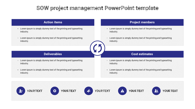 Slide with four blue titled sections and five circular icons at the bottom, arranged in a grid layout.