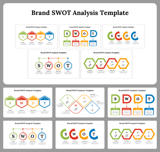 SWOT analysis slide deck with multiple layouts such as linked circles, hexagons, and curved shapes in bright color schemes.
