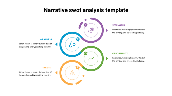  Slide with colorful circular icons in blue, purple, green, and orange, each denoting SWOT aspects.