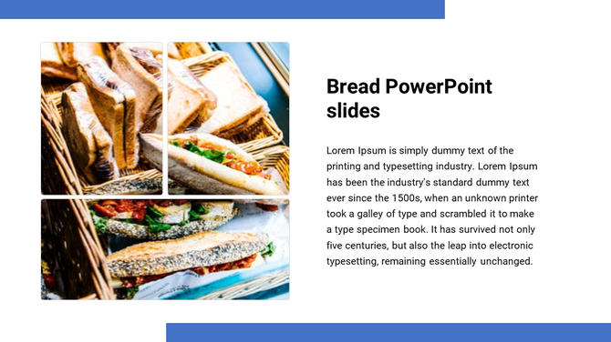 Toasted bread and sandwiches presented in woven baskets, next to a placeholder text about bread themed slides.