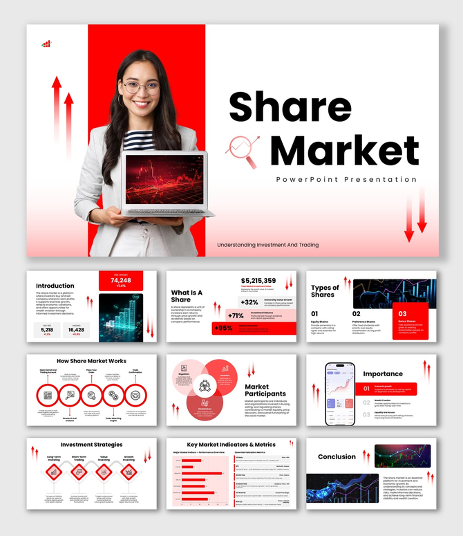 Share market ppt red theme, woman with laptop, graph charts, icons, arrows, clean text holders and data slides.