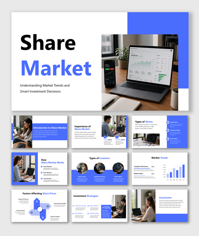Share market presentation template with trends, investors, strategies, pricing factors, and clean modern slides designUI.