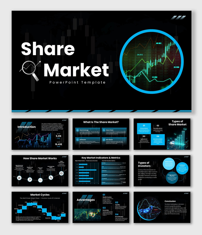 Share market dark theme with blue charts, circular graphs, icons, and structured text holders.