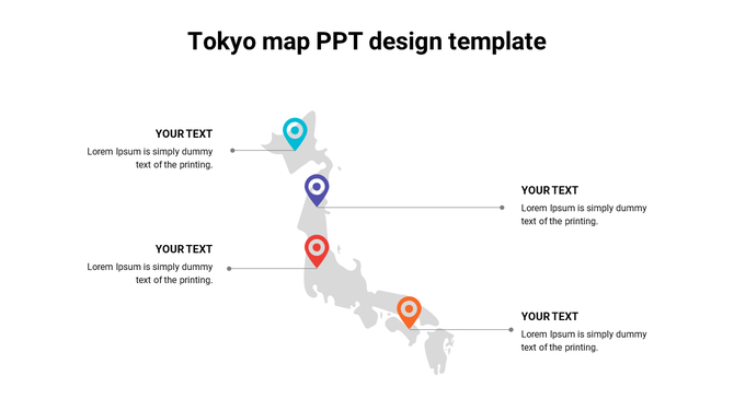 Tokyo map design template featuring a grayscale map of Japan with four colorful location markers connected to caption areas.
