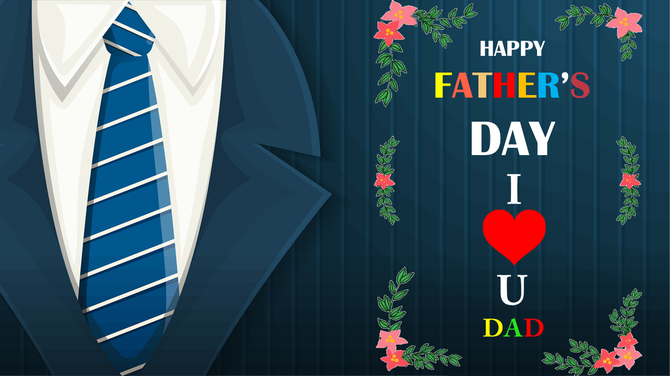 Father's day design with a suit and tie illustration, and colorful flowers frame a bold message, on a blue backdrop.