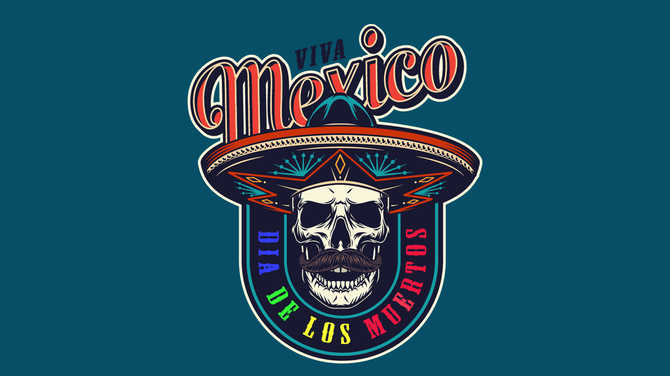 Colorful Dia de los Muertos PowerPoint slide with a traditional sugar skull illustration and vibrant text.