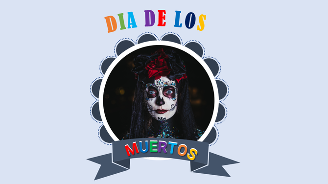 Dia de los muertos slide with circular portrait of a woman with intricate makeup and colorful text, on a blue background.