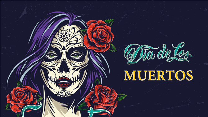 Dia de los muertos slide with an illustration of a skull face with purple hair, surrounded by red roses on a dark background.