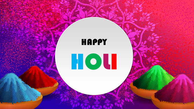 Holi template with colorful powder mounds in bowls and a central message, on a intricate pink floral decorative background.