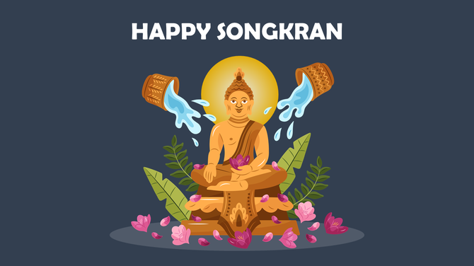 Happy Songkran illustration with a Buddha statue and icons from wooden bowls on a dark background.