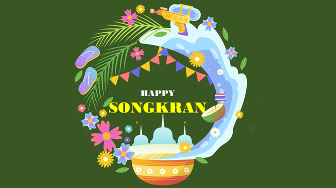 Songkran celebration graphic with traditional and playful elements, representing the Thai water festival.