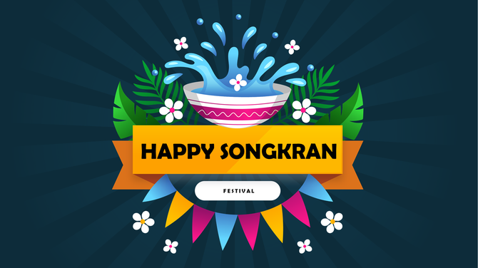 Happy Songkran graphic with water splashes, flowers, and tropical-themed elements on a dark background.