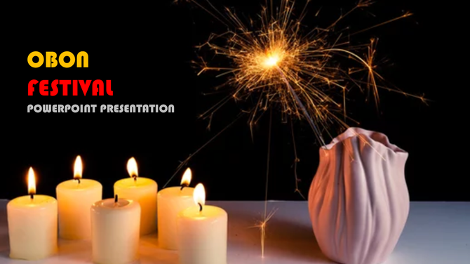 A PowerPoint slide for the Obon Festival with candles and a sparkler against a black background.