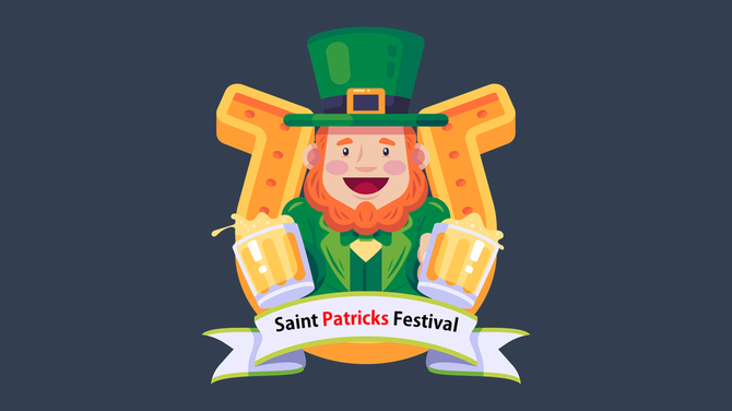 Saint Patrick's-themed graphic featuring a leprechaun, frothy beer mugs, and a decorative horseshoe and banner design