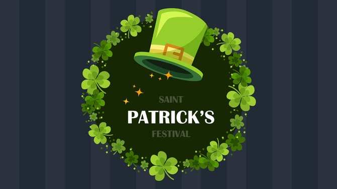 A festive Saint Patrick's Day PowerPoint slide featuring a green leprechaun hat surrounded by four leaf clovers.