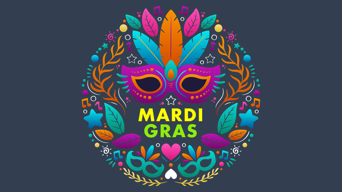 Mardi Gras themed slide featuring a decorative mask and festive elements like music notes and stars.