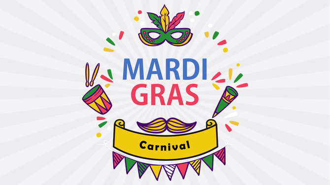 Colorful mardi gras carnival design with a mask, drum, trumpet, confetti, and festive banner on a radial striped background.