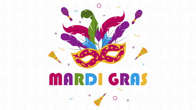 A colorful mardi gras mask with feathers in purple, green, and pink, surrounded by maracas, confetti, and horns.