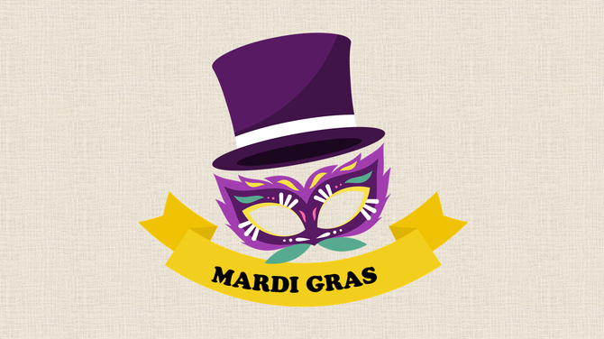Mardi Gras illustration featuring a purple hat, decorative mask, and gold ribbon with black text in a beige background.