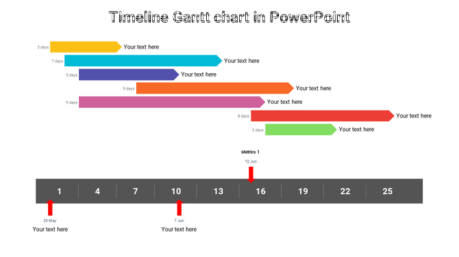Gantt chart timeline with colored task bars of varying lengths, a horizontal date based line, and red milestone markers.