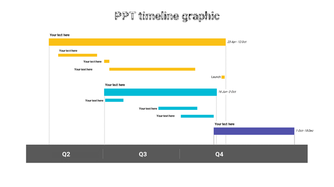 Quarterly timeline graphic showing overlapping project bars labeled with placeholder text, ending with a purple bar marked.