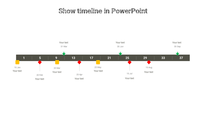 Timeline slide featuring a dark bar with numbered intervals, red and yellow markers, and green stars for milestones.